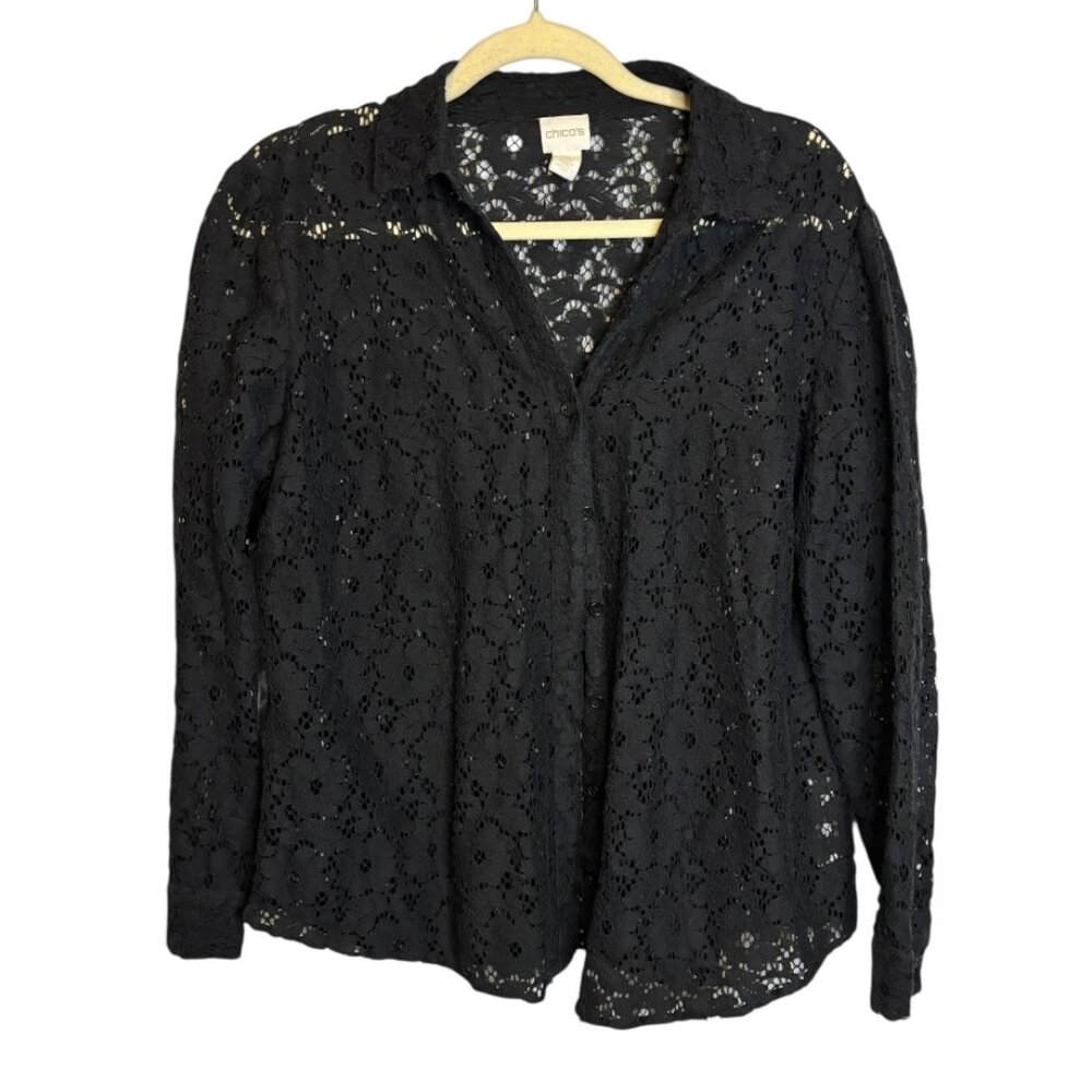 Chico's Blouse Women's Size Large Floral Eyelet Sheer Black Chicos 2‎
